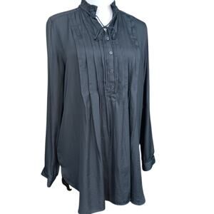 ANN TAYLOR LOFT‎ Long Tunic Top Flowy Blouse Loose Small Tucks Tie Gray Boho